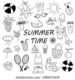 Summer beach hand-drawn vector symbols and objects in doodle style.  Vector illustration.