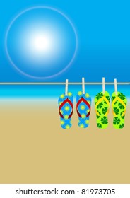 Summer Beach - Hanging Flip-Flops on Empty Sandy Beach