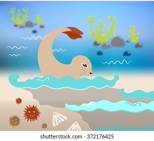 Summer beach with happy seal. Cartoon vector decor llustration.