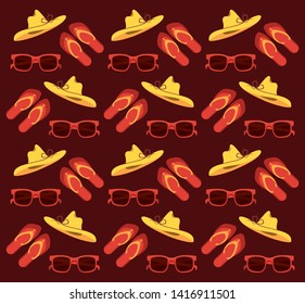 Summer and beach hat sunglasses and flip flops cartoons pattern background vector illustration graphic design