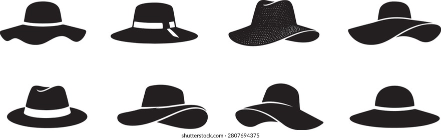 Summer beach hats and elegant wide brim sunhats icon set