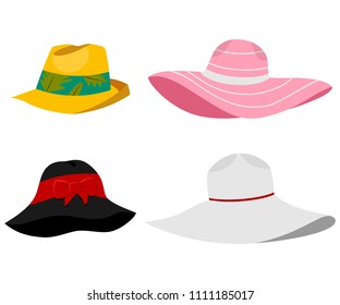 Summer beach hats illustration. Vector flat cartoon set of male and female headdresses isolated on white background.