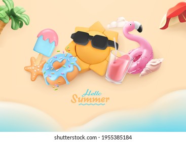 Summer, beach holiday background. 3d vector realistic illustration. Sea, sun, donut, ice cream, cocktail, flamingo objects