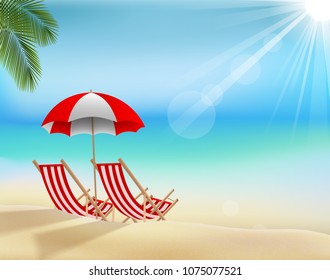 Summer beach holiday background with beach umbrella and chair