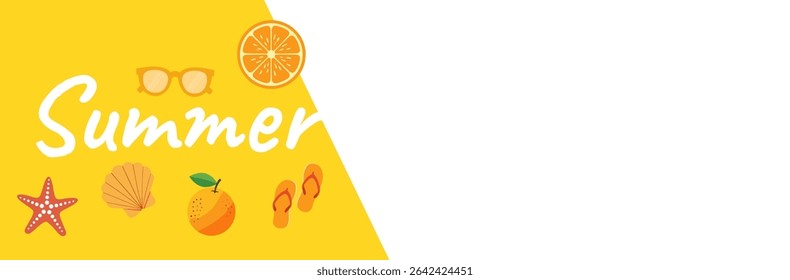 Summer Beach Holiday Background with, Flip Flops, Starfish, and Tropical Leaves. Vibrant Vector Illustration for Vacation, Travel, Summer Sale, or Tropical Season Promo