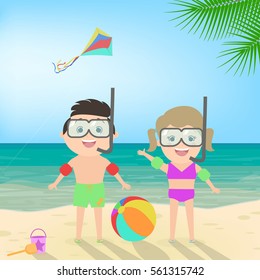 Summer beach holiday. Boy and girl in scuba mask at the beach. Diving. Sea landscape, vector cartoon