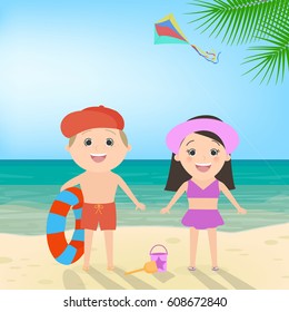 Summer beach holiday. Boy and girl on the beach. Sea landscape, vector cartoon