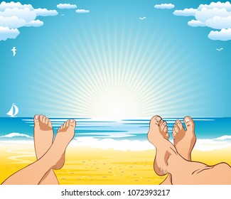 Summer beach holiday by the ocean. View of the sea, the sky, the sun from the first person