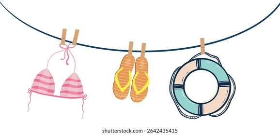 Summer beach holiday concept. Swimsuit, slippers and lifebuoy on rope with clothespins vector