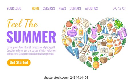Summer beach holiday elements in heart shape. Creative landing page vector template for website, web, online store, banner. Concept of summertime, season vacation, travel destination, tourism