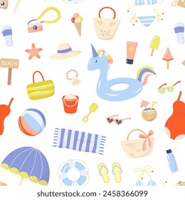 Summer beach holiday elements pattern for print, fabric, textile, wrapping paper. Vector illustration