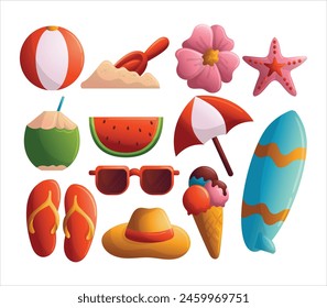 Summer Beach Holiday Elements Set Flat Style