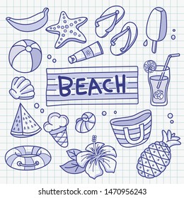 Summer beach holiday hand drawn vector doodle illustration in blue ballpoint sketch style.