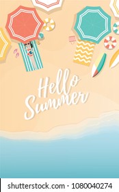 Summer beach holiday illustration poster template background , top view with blue sea water and colorful accessories