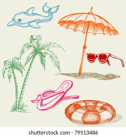 Summer beach holiday items: inflatable dolphin, life buoy, umbrella, sunglasses, palm trees and slippers