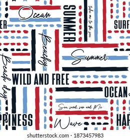 Summer beach holiday mood wording with hand drawn stripe ,blue,red, and light blue seamless pattern vector eps 10,Design for fashion , fabric, textile, wallpaper, cover, web , wrapping 
