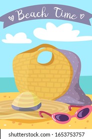 Summer beach holiday poster. Accessories inventory the attributes. Vector illustration