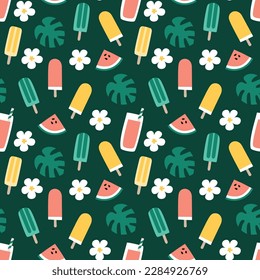 Summer beach holiday seamless repeat pattern. Digital printable paper. summer drink, popsicles, flowers, monstera.