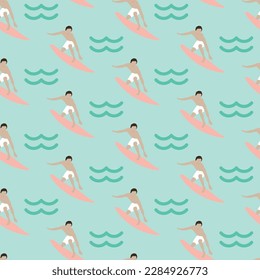 Summer beach holiday seamless repeat pattern. Digital printable paper. surfers on sea pattern