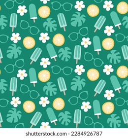 Las vacaciones de verano en la playa se repiten sin problemas. Papel digital imprimible. paletas de verano, limón, monstera, flores, gafas de sol.