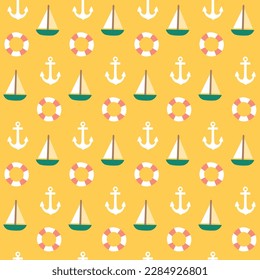 Las vacaciones de verano en la playa se repiten sin problemas. Papel digital imprimible. anclas, botes, salvavidas en amarillo.