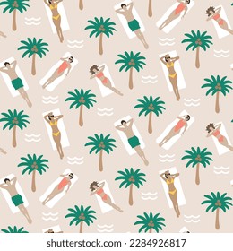 Las vacaciones de verano en la playa se repiten sin problemas. Papel digital imprimible. Gente tomando sol en la playa de arena.