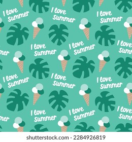 Las vacaciones de verano en la playa se repiten sin problemas. Papel digital imprimible. Me encanta el verano, la monstera, el patrón de helados.