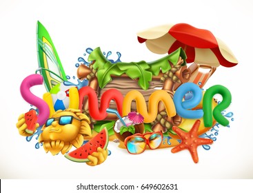 Summer beach. Summer holiday set 3d vector icon