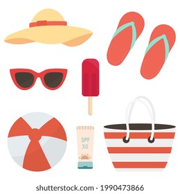 Summer beach holiday. Set for beach rest in flat design. Set of icons for relaxing on the beach. Perfect for web, card, poster, cover, tag, invitation, sticker set. 