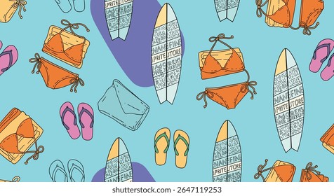 Summer Beach Holiday Surfboard Bikini Sandal Flip Flop and Handbag Pattern Background