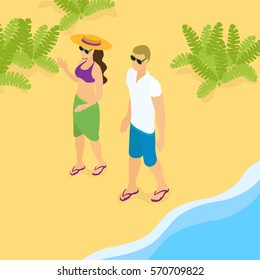 Summer beach holiday template with young couple walking along seashore in sunglasses vector illustration