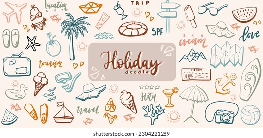 Summer beach holiday vacation doodle set witch hand drawn vector symbols and objects. Summer color palette.