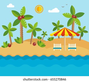 Summer beach holiday vacation flat vector illustration sunburn palm Fantastic paradise island, palms. Beach element isolated: oasis, cocos cocktail, bananas, watermelon. Flat vector illustration set.