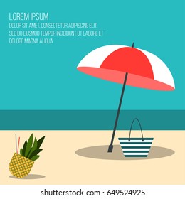Summer beach holiday Vector illustration Beach bag and umbrella are standing on the seashore Nearby is a tropical cocktail Template poster in flat design