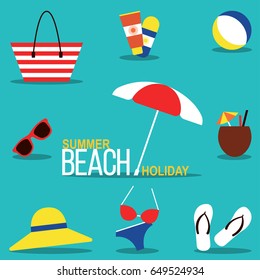 Summer beach holiday Vector illustration Set for beach rest in flat design: beachwear, footwear and accessories. Set of icons for relaxing on the beach