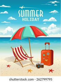 Summer beach holiday vector retro background. Travel and Vacation concept.