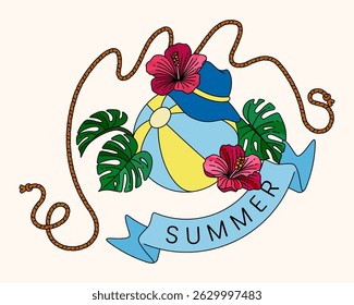 Summer beach holiday vintage line art showing a playful beach ball wearing a hat, surrounded by red hibiscus flowers and monstera leaves. Perfect for summer cards, posters, websites, and decor
