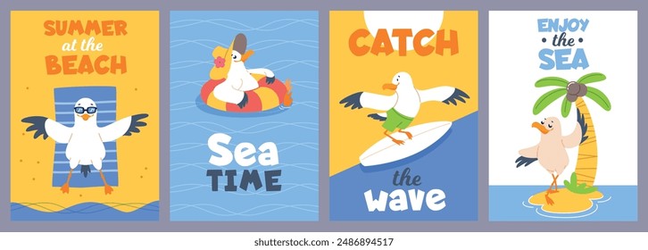 Summer beach holidays cards. Funny seagull, travel agency cute mascot, sailor marine bird, sea recreation, sunbathing and surfing, childish print or posters, vector cartoon flat isolated set