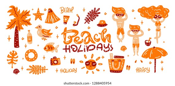 Summer beach holidays. Hand drawn vector illustration. Clipart collection. Rectangular banner