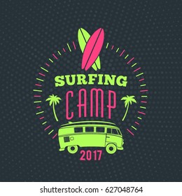 Summer beach holidays poster. Typography retro style label. Vector illustration with green and pink colors on dark dotted background