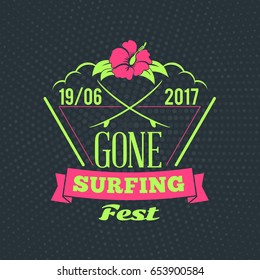 Summer beach holidays poster. Typography retro style label. Vector illustration with green and pink colors on dark dotted background