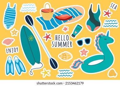 Summer beach holidays set. Swimwear, surf or sup board , diving flippers and picnic set in flat style isolated on white background. Vector illustration, clipart, cartoon.