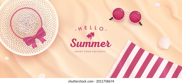 Summer beach horizontal background. Vector beautiful realistic top view illustration of sandy summer beach with straw hat, beach towel and sunglasses