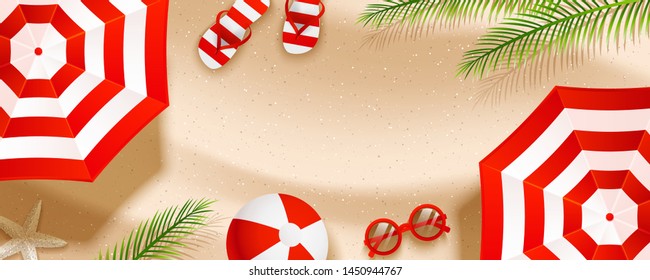 Summer  beach horizontal banner with sun umbrellas, flip flops, sunglasses, ball and palm leaves on sand