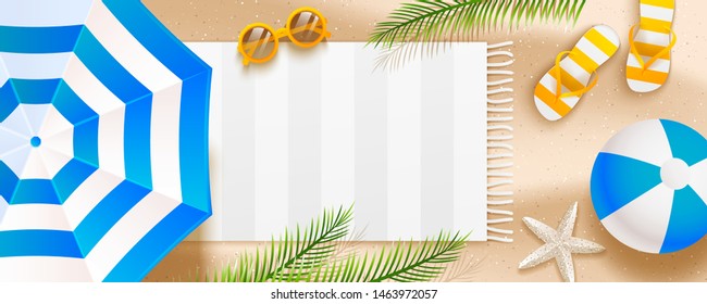 Summer beach horizontal banner with sun umbrellas, flip flops, sunglasses, ball, towel and palm leaves on sand