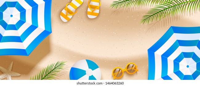 Summer  beach horizontal banner with sun umbrellas, flip flops, sunglasses, ball and palm leaves on sand