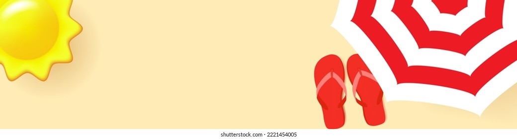Summer beach horizontal banner. Beach umbrella, striped flip-flop sandals and sun