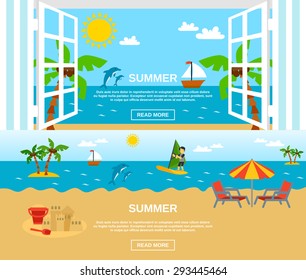 Summer and beach horizontal banners set with sea window surfing and palms flat isolated vector illustration 