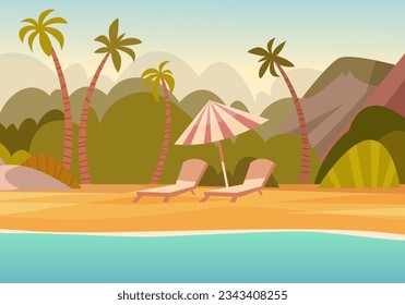 Playa de verano. un paisaje horizontal con un bonito espacio de relajación sobre el mar y las palmeras. Fondo del vector