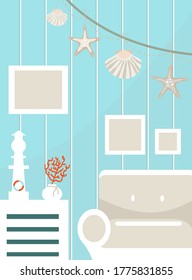 Summer beach house interior with seashelles and starfish. Vector cartoon illustration for travel and vacation design. Lighnthouse and coral decoration
